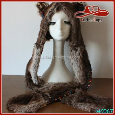 China Brown Wolf Full Hood Fax Fur Long Hats Spirit Hood With Ears And Paw Animal Print Custom Design for sale