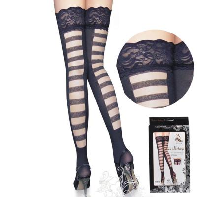 China Breathable Custom Design Black Striped Stockings Print With Lace Silk Thigh High Socks Women for sale