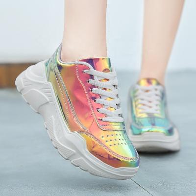 China Fashion Trend Women's Unique Thick Laser Dad Shoes Shape Multi Color Breathable Chunky Sneakers Comfortable Ladies Platform Shoes Woman Shoes for sale