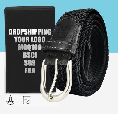 China Custom Logo Adjustable Braided Stretch Leather Fiber End Tip Elastic Stretch Waistband +Polyester Belt For Men for sale