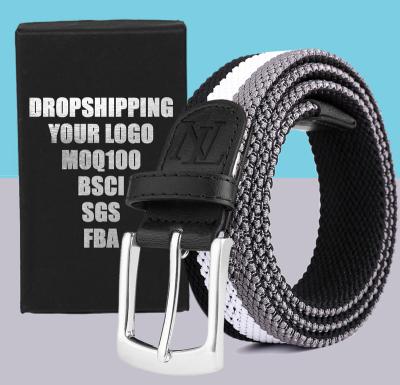 China Double Layer Rubber Men's Elastic Fiber +Polyester Stretch Braid Belt With PU Leather End Tip for sale