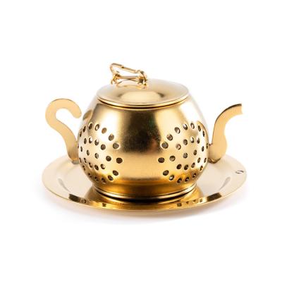 China Mobile Office Home Flower Tea Strainer Teapot Shape Gold Stocked Leaves Tea Infuser for sale