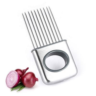 China Kitchen Instruments Utensil Stainless Steel Onion Cutter Holder Stocked Slicer With Even Fork 10 Easy Grip Vegetable for sale