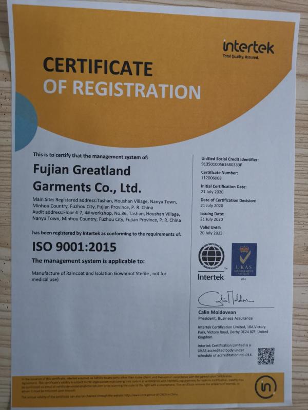 ISO9001 - Fujian Greatland Garments Co., Ltd.