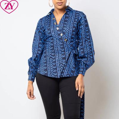 China African Blue Print Women Shirt Top Navy Wrap Cotton Print Peplum Top Line One For Summer for sale