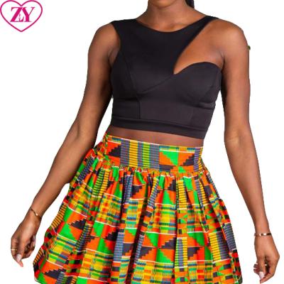 China Cotton Wholesales Custom Waist Waist Ankara Clothing Kente Print Mini Skirt For African Pleated Party for sale