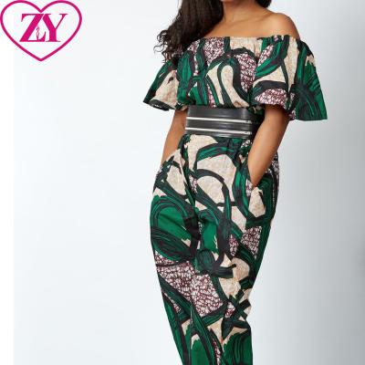 China Custom African Print African Ankara Print Clothing Off Shoulder High Waist Jumpsuit With Band for sale