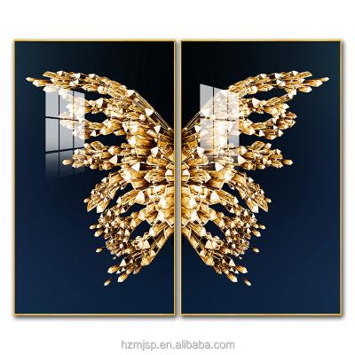 China Modern Wholesale Customized Modern Wall Art 2 Pieces Crystal Porcelain Abstract Still Life Home Decoration Painting Gold Feathers for sale