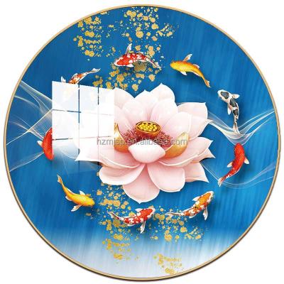 China Customized Modern Wall Art Animal Lotus Flower Goldfish Decoration Around The Glass Crystal Porcelain Painting Luxury Home Decor for sale