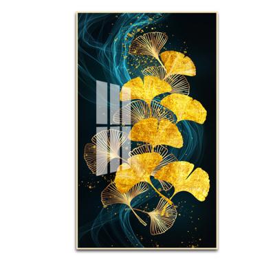 China Modern Wholesale Customized Modern Gold Ginkgo Still Leaves Aisle Luxury Porch Vertical Relief Wall Painting Crystal Porcelain Painting for sale