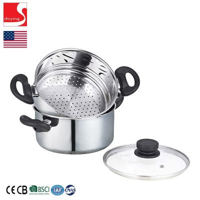 China SY-Sustainable Kitchenware 3 Pieces Stainless Steel Steamer Pot Set 3 Quarts Cooking Pot Glass Lid Bakelite Soft Touch for sale