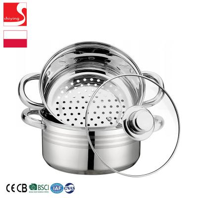 China SY Sustainable Kitchenware 3 Pieces 20cm Stainless Steel Steamer Set With Lid Induction Glass Bottom for sale