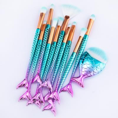 China Angular Blush Mermaid Shape Plastic Handle Synthetic Hair Makeup Brush 11 Pieces Set Brush Makeup for sale