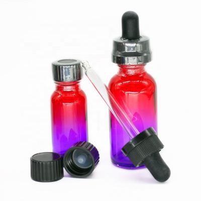 China Cosmetic Packaging 15ml 30ml Graduated Boston Round Glass Red Purple Bottle With Phenolic Cap With Shrink Sleeves for sale