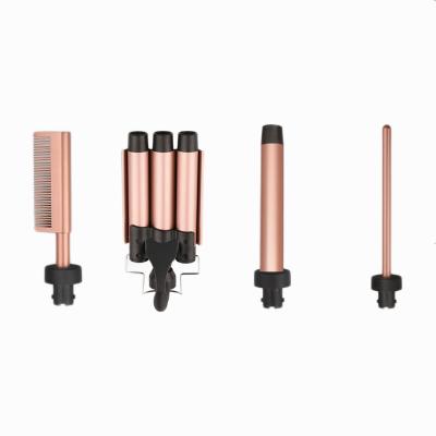 China Hot Selling Ceramic Interchangeable Auto Rotating Hair Curling Iron Fashion Three Barrels Curling Iron Hot Air Comb Set for sale