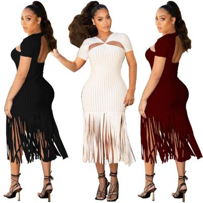 China 2022 Anti-Static Anti-Static Women Dresses Casual Short Sleeve Tassel Dresses Long Summer Fashionable Solid Hollow Dress For Ladies for sale