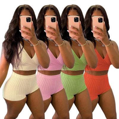 China Breathable Fitness and Yoga Wear Summer Jogger Shorts and Two Piece Bubble Jacquard Vest Teams Short Set Women Clothing for sale