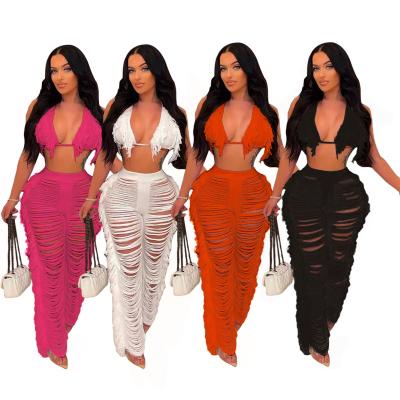 China 2022 Summer Women Clothing QUICK DRY QUICK DRY Tassels Knitting Two Piece Pants Sets Pure Color Sexy Beach Wear Suits For Ladies for sale