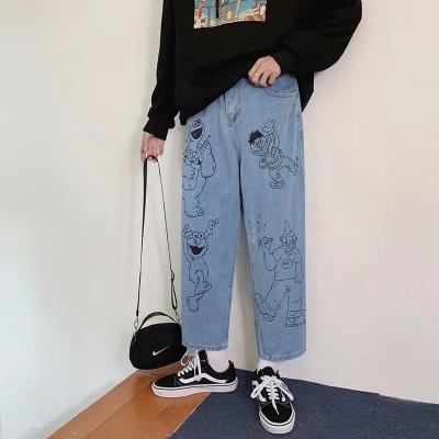 China Drop Shipping Breathable Jeans For Men 2021 Cartoon Printed Jeans Men Straight Loose Korean Popular Teenagers Student Ankle Length Pants for sale