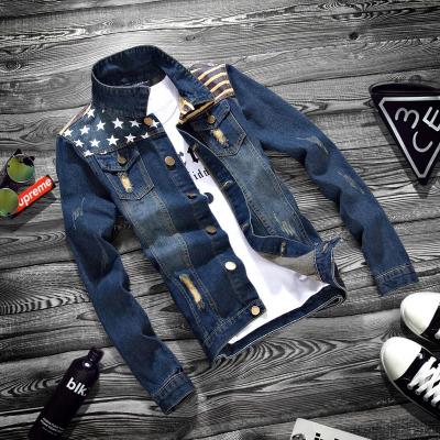 China Drop Shipping Breathable Spring Jacket For Men Korean USA Flag Printed Hole Lapel Street Wear Hombre Man Denim Jacket Men Clothing for sale