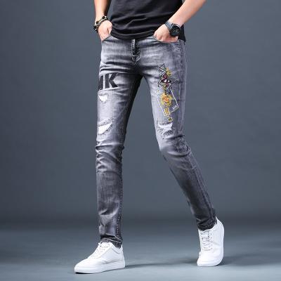 China Fashion Breathable 2021 Luxury Brand Mens Jeans Distressed Embroidered Ripped Denim Men Pants Slim Fit Smoke Gray Casual Cowboy Long Trouser for sale