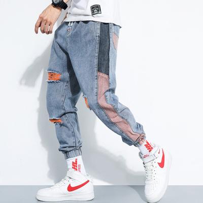 China Spring Summer Streetwear Breathable Patchwork Loose Loose Mens Korean Casual Jeans Leg Harem Pants Brand Elastic Band Pants Man for sale