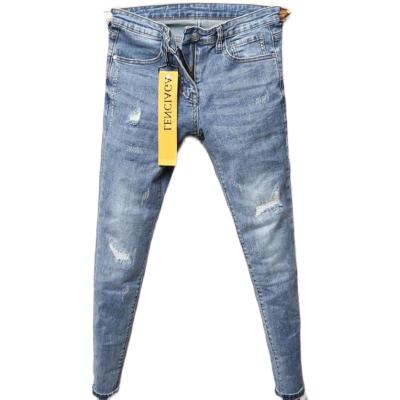 China Fashion Korean men's jeans breathable mens 2021 brand slim skinny jeans summer men where embroidery hole patches slim long pencil pants for sale