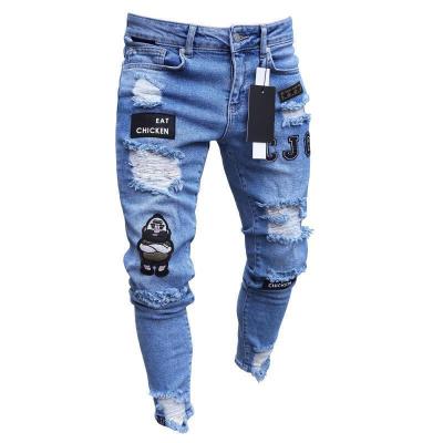 China Breathable Drop Shipping European American Badge Fits Jeans Men's Much Fashionable Men's Foot Zipper Holes Stock Knee Denim Pants for sale