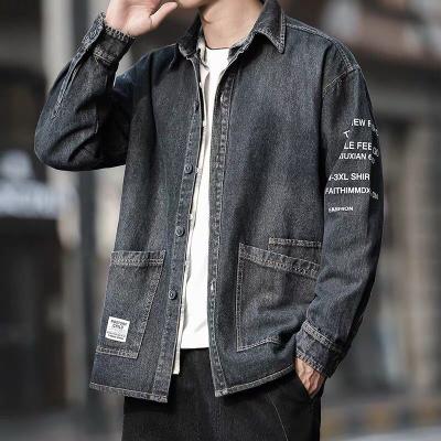 China Spring Autumn 2021 Breathable Letter Printed Korean Fashionable Man Machining Men's Coat Loose Casual Lapel Plus Fat Denim Jacket for sale