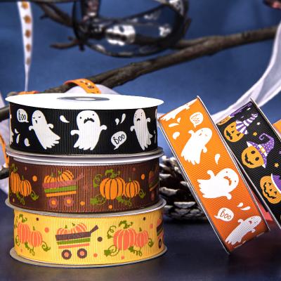 China Halloween Gift Box Decoration Pumpkin Spider Cartoon Elastic Printing Processing Custom Logo Grosgrain Ribs for sale