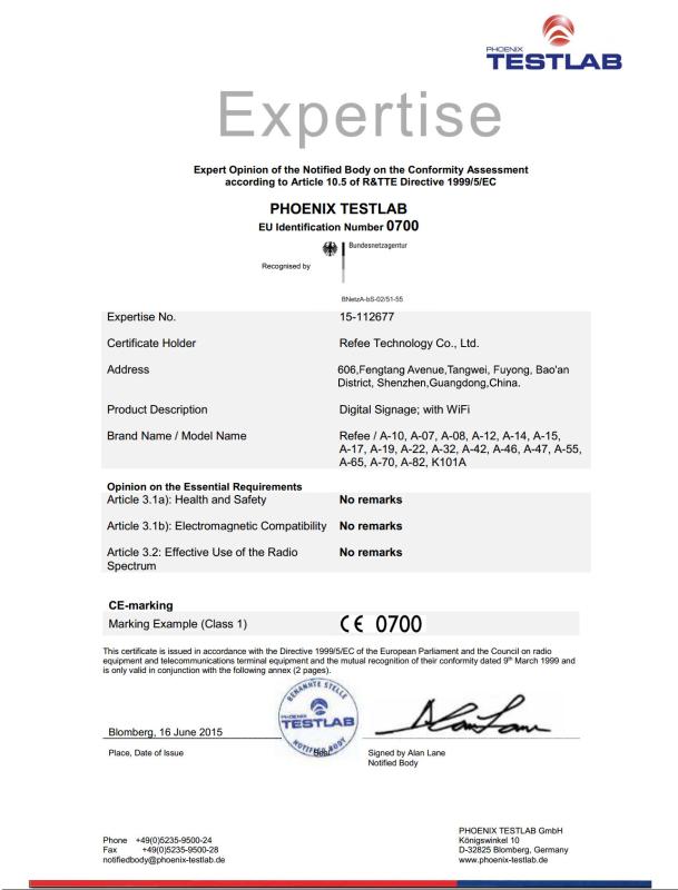 WIFI R&TTE Certificate - Shenzhen Refee Technology Co.,Ltd