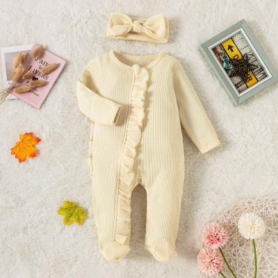 China Orange Cotton Long Sleeve Overalls Waffle Girl Neck Romper Round Footie Zipper In Back Ruffle Romper for sale