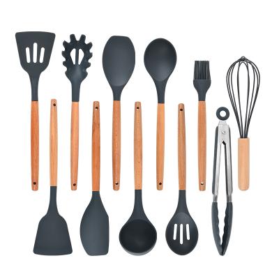 China Sustainable Wooden Handle Silicone Kitchenware Set 9/11 Piece Cooking Shovel Spoon Baking Kitchenware with Storage Bucket for sale