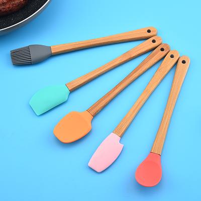 China Sustainable Ready To Ship Bamboo Ware Kitchenware Brushes Pink Utensils Bamboo Silicone Kitchen Bakeware Sets for sale