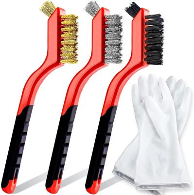 China Sustainable 3pack Stainless Steel/Brass/Nylon Brushes Head With Extra Bunch Of Bristle With PVC Gloves White Red for sale