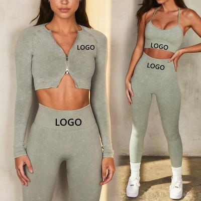 China Antibacterial Seamless Women 5 Piece Sports Suit Long Sleeve Wear Sports Crop Zipper Equipment Yoga Clothing Gym Fitness Top Sets for sale