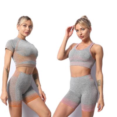 China Breathable Seamless Yoga Set Women Fitness Clothing Sportswear Woman Gym Leggings Padded Strappy Pump Sports Bra 3 Pcs Sports Suits for sale