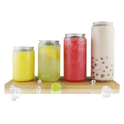 China Custom Beverage PET 350ml 450ml 550ml Clear Plastic Cans For Tea Or Milk Juice With Aluminum Easy Open Lid for sale