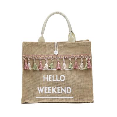 China Dress Women Ladies Summer Handbags Printed Tote Bag Shoulder Jute Beach Bag for sale