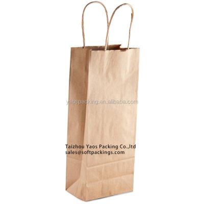 China New Design One Recyclable Bottle Kraft Paper Wine Bag, Natural Kraft Paper Flat Bottom Bag, Take Away Kraft Paper Bag With Twisted Handle for sale