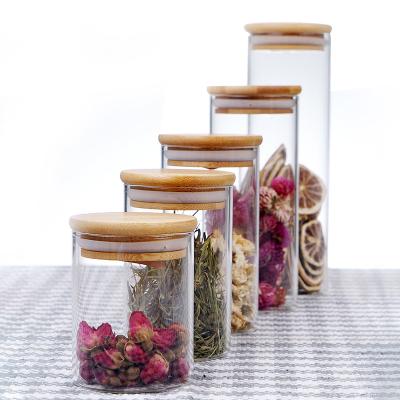 China Beautiful Lid Airtight Bamboo Kitchen Storage Jars Glass Organizer for sale