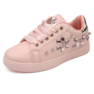 China CUSHIONING Wholesale Fashion Lace Up Shoes Diamond Shoes Women Casual Pink Rhinestone Sneakers for sale