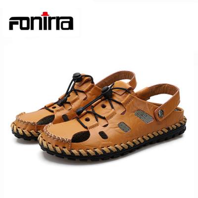 China Wholesale Fashion Flat Men's Casual Shoes Flat Slippers Leather Trim Sandals With Protected Toe Sandals Men for sale