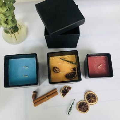 China Wholesale Home Decoration Square Clear Black Candle Container Glass Jar With Wooden Lid for sale