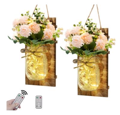 China Mason Jar Sconces Wall Art High Quality Rustic Wall Sconces Hanging Design with Remote Control and White Peony Decor Home Living for sale