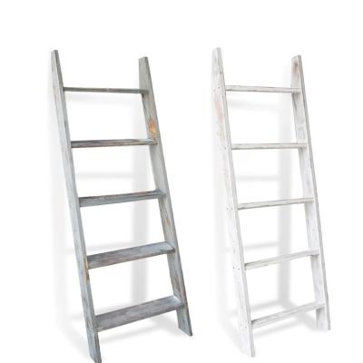 China Rustic White Wooden Display Shelves Stocked RTS Ladder Shelf High Quality Wooden Decoration 5 Row Tier for sale