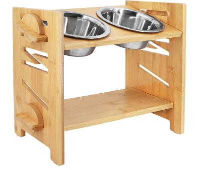 China Wholesale Adjustable Bamboo Dog Cats Double Stocked Bowl Holder For Pets for sale