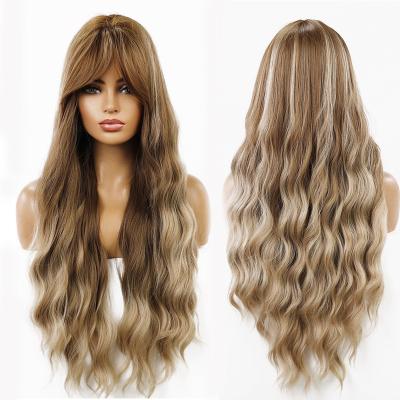 China Daily Use Long Body Brown With Blonde Wig Women's Synthetic Hair Wavy Wave Wigs With Bangs Natural Heat Resistant Jumbo Wig for sale