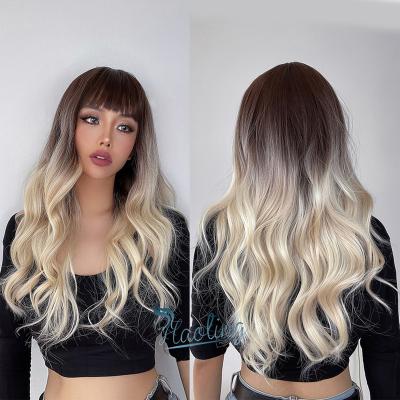 China Long Daily Use Fast Shipping Body Wave Blonde Ombre Brown Synthetic Wigs With Bangs For Women Peruca Cacheada Perucas Ondulada for sale