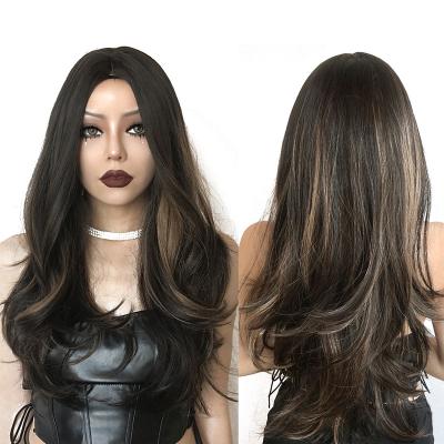 China Long Ombre Black Daily Wavy Gold Dark Brown Medium Piece Synthetic Women Hair Wig Cosplay for sale